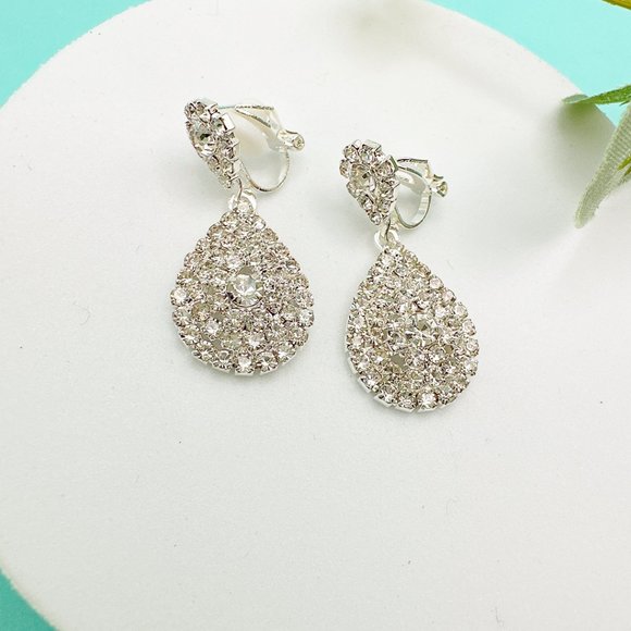 CLIP ON Small Pear Shape Clear Rhinestone  Earrings - Picture 10 of 12